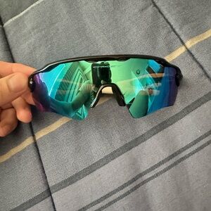 Oakley Wraparound Sunglasses with Mirrored Green-Blue-Purple Lens